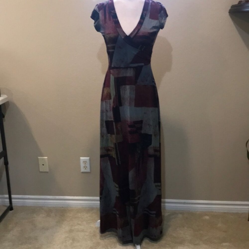 OLIVIA MATTHEWS Burgundy and Gray Patchwork Fit & Flare Maxi Dress-Size S